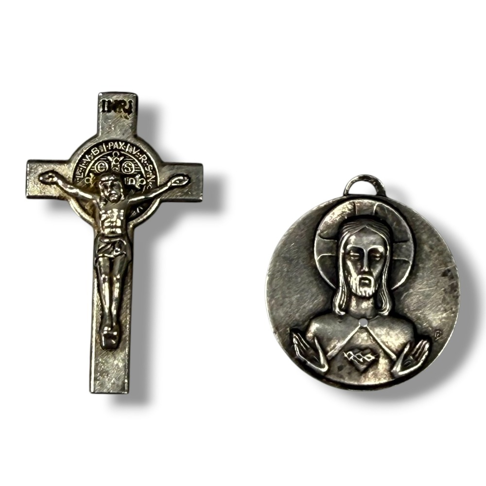 Vintage St Benedict Crucifix and Sacred Heart Our Lady of Mount Carmel Medal Set